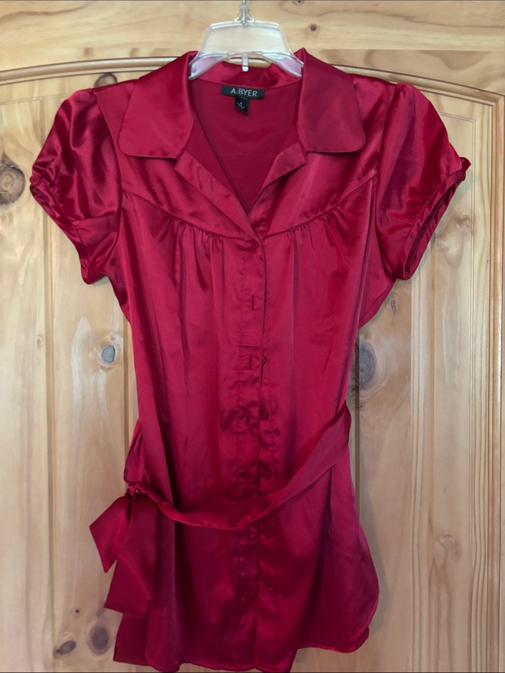 A. Byer Red Satin Tie-Waist Short Sleeve Blouse